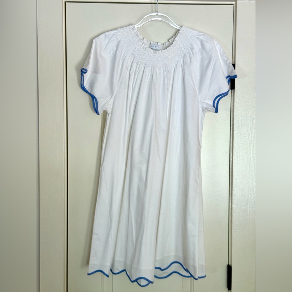 White Cotton Smocked Nightgown with Blue Trim